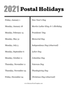 2021 Postal Holidays