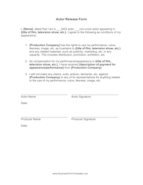 Actor Release Form Business Form Template