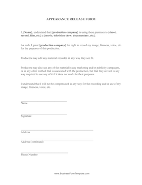 Appearance Release Form Business Form Template