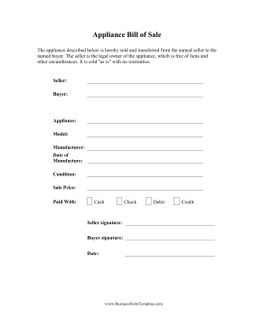 Appliance Bill Of Sale Business Form Template