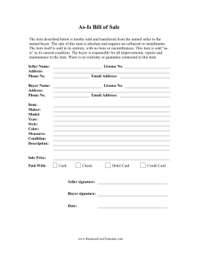 As-Is Bill Of Sale Business Form Template