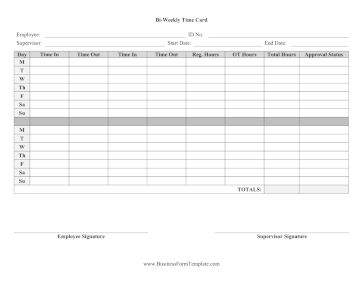 Bi-Weekly Time Card With Approval Business Form Template