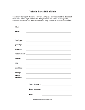 Bill of Sale Vehicle Parts Business Form Template
