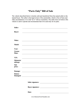 Bill of Sale for Parts Only Business Form Template