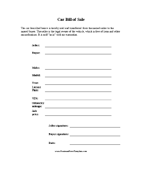 Car Bill of Sale Business Form Template