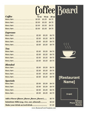 Coffee Menu Business Form Template
