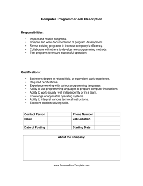 Computer Programmer Job Description Business Form Template
