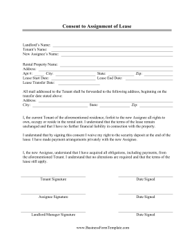 Consent To Assignment Of Lease Business Form Template