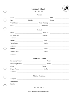Contact Sheet Individual Business Form Template