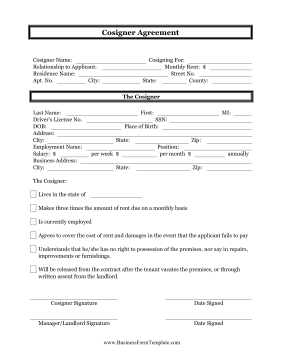 Cosigner Agreement Business Form Template