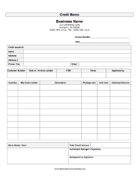 Credit Memo Business Form Template