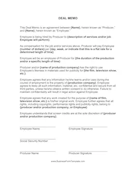Deal Memo Business Form Template