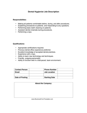 Dental Hygienist Job Description Business Form Template