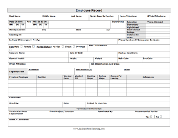 Employee Record Business Form Template