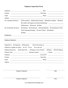Employee Separation Form Business Form Template
