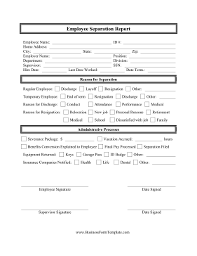 Employee Separation Report Business Form Template