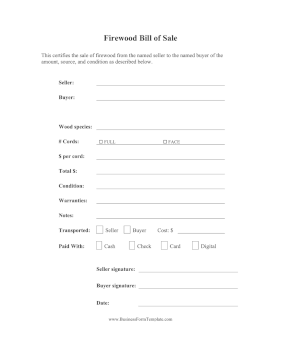 Firewood Bill Of Sale Business Form Template