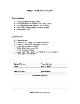 HR Specialist Job Description Business Form Template