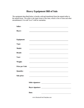 Heavy Equipment Bill of Sale Business Form Template