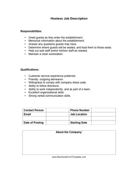 Hostess Job Description Business Form Template
