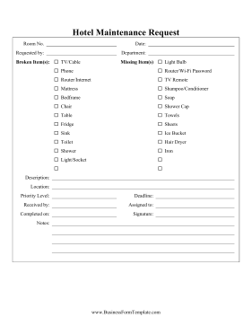 Hotel Maintenance Request Business Form Template