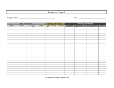 Inventory Control Business Form Template