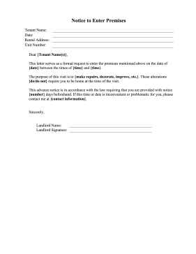 Landlord Notice To Enter Premises Business Form Template