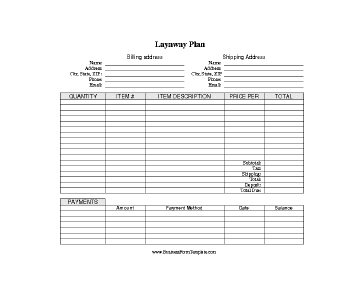 Layaway Plan Record Business Form Template