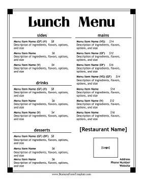 Lunch Menu Casual Business Form Template