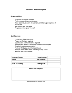 Mechanic Job Description Business Form Template