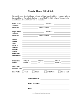 Mobile Home Bill Of Sale Business Form Template