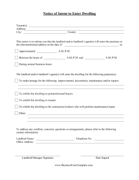 Notice Of Intent To Enter Dwelling Business Form Template