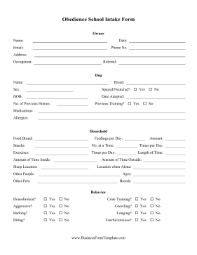 Obedience School Intake Form Business Form Template