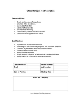 Office Manager Job Description Business Form Template