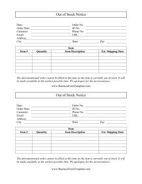 Out Of Stock Notice Business Form Template
