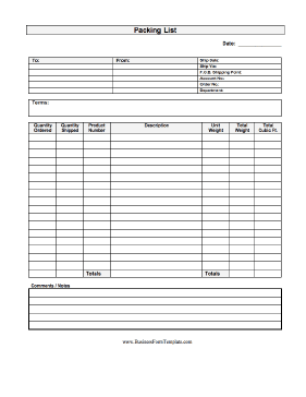 Packing List Business Form Template