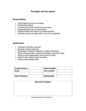 Paralegal Job Description Business Form Template