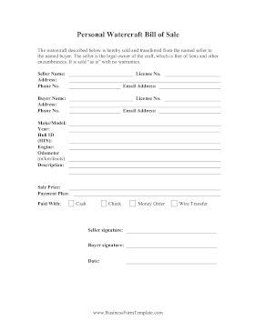 Personal Watercraft Bill Of Sale Business Form Template