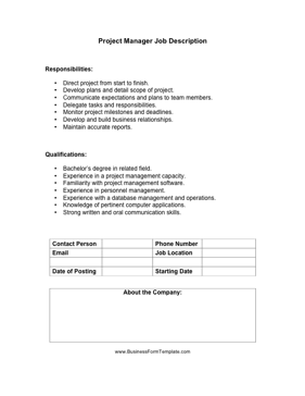 Project Manager Job Description Business Form Template