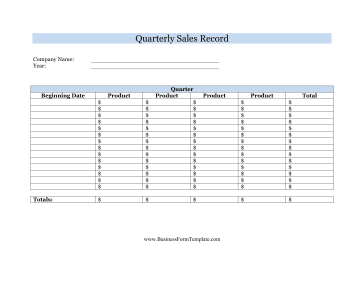 Quarterly Sales Record Business Form Template