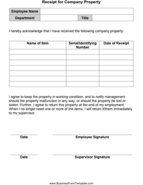 Receipt for Company Property Business Form Template