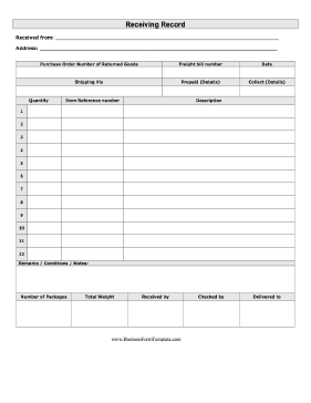 Receiving Record Business Form Template