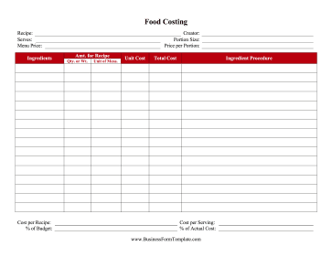 Recipe Food Costing Worksheet Business Form Template