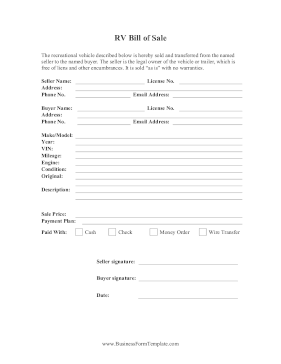 Recreational Vehicle Bill Of Sale Business Form Template