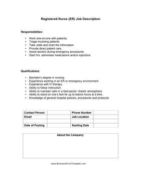 Registered Nurse ER Job Description Business Form Template