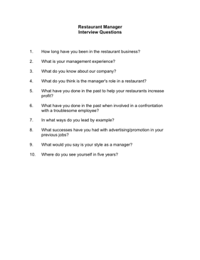 Restaurant Manager Interview Questions Business Form Template