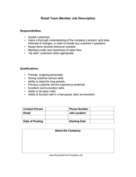 Retail Team Member Job Description Business Form Template
