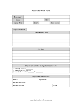 Return To Work Form Business Form Template