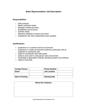 Sales Representative Job Description Business Form Template