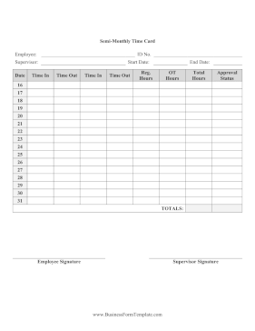 Semi-Monthly Time Card With Approval Business Form Template